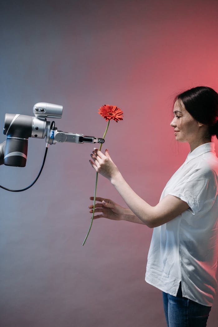Contact A woman interacts with a robotic arm holding a flower, symbolizing human-technology harmony.